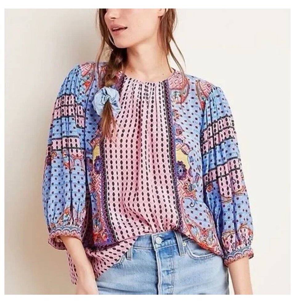 Anthropologie Pink and Blue Printed Peasant Blouse
